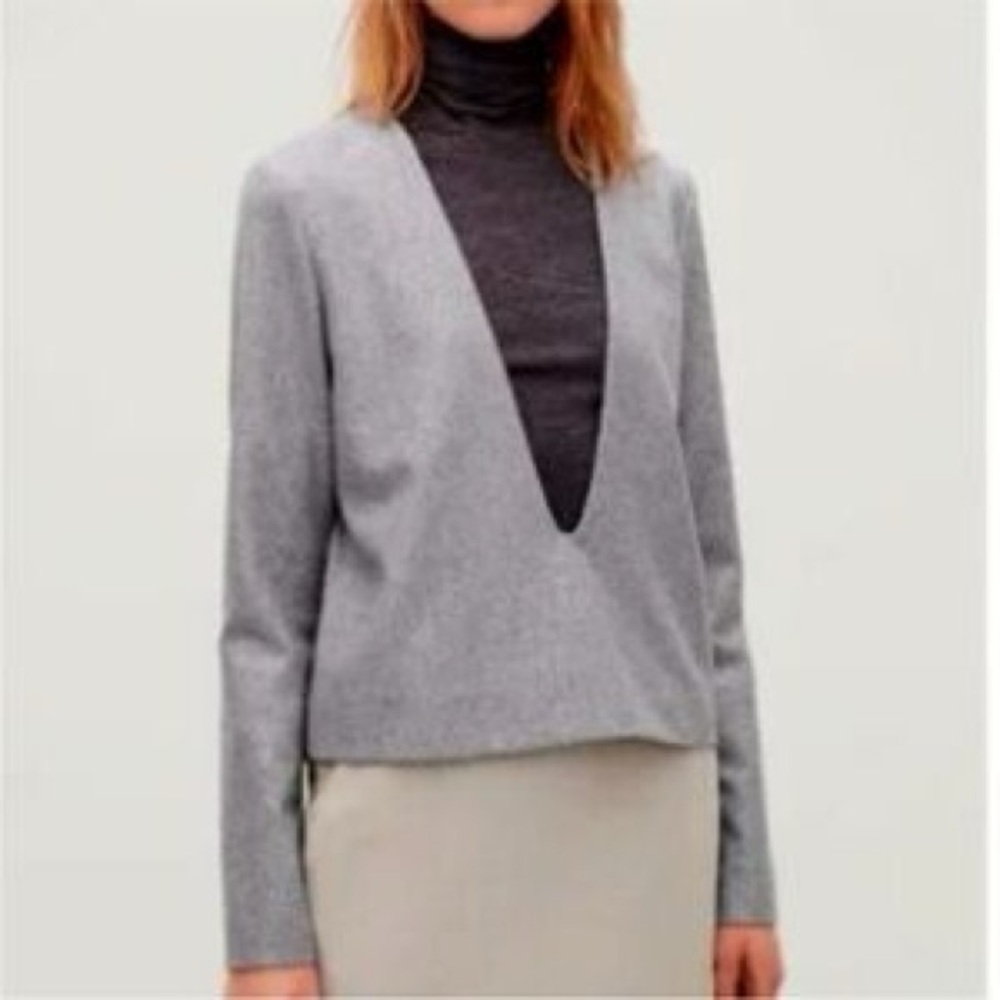 COS Grey Wool Plunging Neck Sweater Jacket